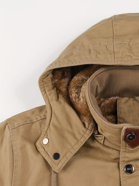 Men'S Thick Mid-Length Jacket with a Hood, Winter Parka for Warmth, Suitable for Outdoor Casual Wear, Featuring a Zip And Multiple Pockets, with a Removable Hat
