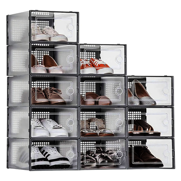 Pack of 12 Stackable Shoe Boxes Shoe Storage Organisers, Sturdy & Durable, Space Saving, Shoe Organizer Containers with Lids for Women/Men, Ideal for Entryway, Closet, Living Room, Bedroom, Office, Dorm, Fit Up To UK Size 9.5, 23x33x14cm