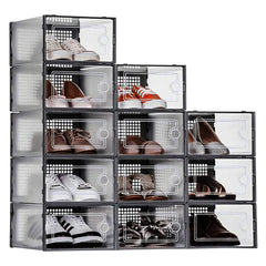 Pack of 12 Stackable Shoe Boxes Shoe Storage Organisers, Sturdy & Durable, Space Saving, Shoe Organizer Containers with Lids for Women/Men, Ideal for Entryway, Closet, Living Room, Bedroom, Office, Dorm, Fit Up To UK Size 9.5, 23x33x14cm