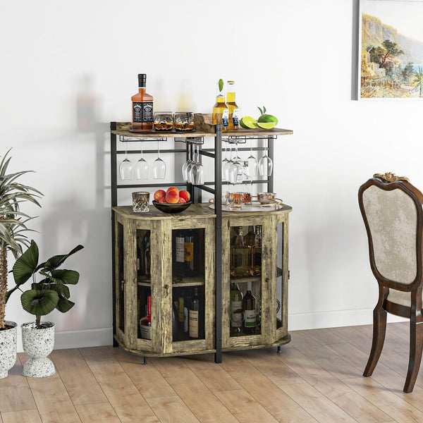 GOFLAME Corner Bar Cabinet Industrial Wine Buffet Cabinet with Glass Holder Mesh Doors