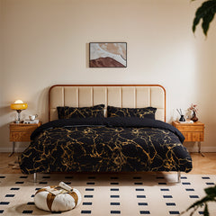 Gold Marble Print Quilt Cover and Pillowcase Bedding Set, Light Luxury High-end Creative Design Bedding Three-piece Set, 2 Pillowcases and 1 Quilt Cover, Soft and Comfortable Bed Three-piece Set for All Seasons, Black