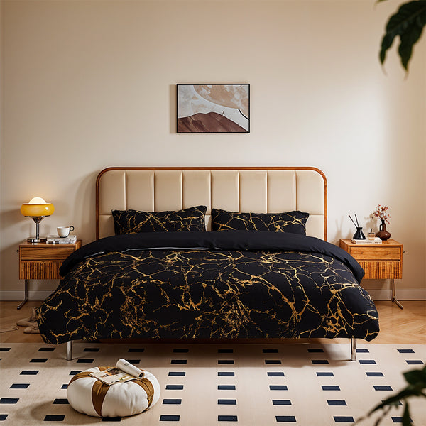 Gold Marble Print Quilt Cover and Pillowcase Bedding Set, Light Luxury High-end Creative Design Bedding Three-piece Set, 2 Pillowcases and 1 Quilt Cover, Soft and Comfortable Bed Three-piece Set for All Seasons, Black