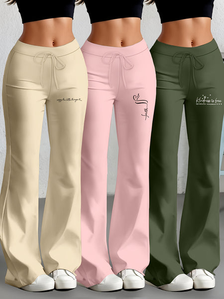 European and American Spring/Summer New Fashion Women's Bottoms: Flared Straight-Leg Pants with Classic English Text Print, Daily Casual Butt-Lifting Peach Butt Long Pants, Three-Piece Set