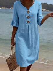 2026 Spring/ Summer New European And American Style V-Neck Big Button Ruffle Sleeve Dress Sexy Temperament Women'S Clothing