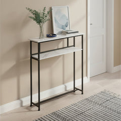 Sofa Side Table for Narrow Spaces, 2-Tier White Marble & Black Steel Shelf, 80cm Slim Console for Behind Couch, Organizer for Remote, Books, Living Room, 80*20*100cm