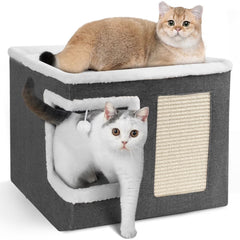 1pc Large Cat Cube House Cosy Foldable Bed Pet Cave Furry Soft Cushions Scratch Pads 42X42X36CM