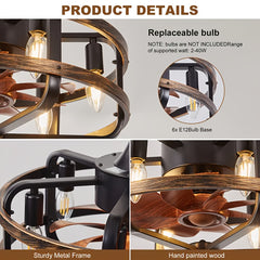 Farmhouse Ceiling Fans with Lights, 3 Speeds Flush Mount Rustic Caged Ceiling Fan Light, Timing, Quiet Reversible Motor, E14*6 Base Industrial Fandelier Ceiling Fans for Indoor Bedroom, Kitchen