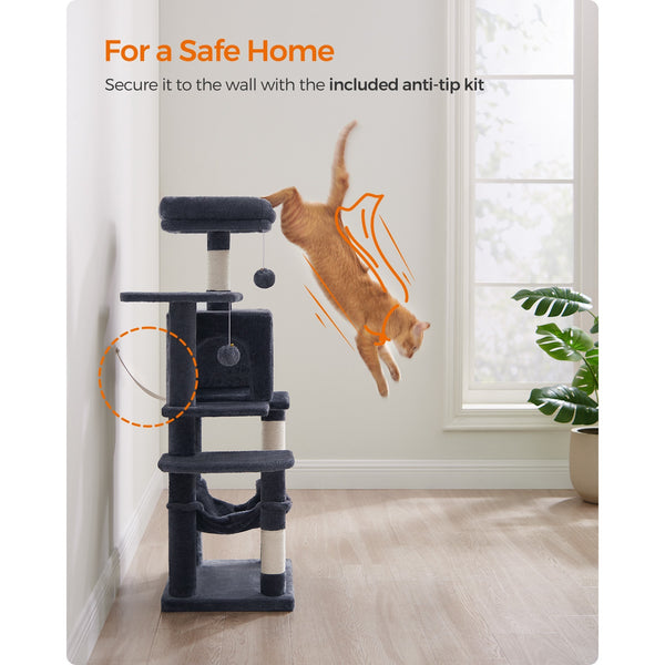 112 cm Cat Tree, Multi-Level Soft Plush Cat Tree, Cat Tower Condo with 4 Cat Scratching Posts, Hammock, Cave, Platform, Toys, Pink/White/Beige/Grey, Easy Assembly and Sturdy, Indoor Cat Furniture
