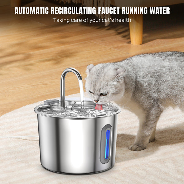 2.2L Cat Water Fountain for Drinking, Quiet Pet Water Dispenser Stainless Steel, Automatic Cat Water Bowl Cat Fountain with LED Light and Water Level Window, Cat Drinking Fountain with 2pcs Filters and Sponges
