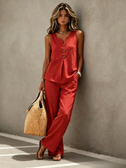Spring Summer Women's Matching 2pcs Sets, V-Neck Sleeveless Button Top & Flowy Wide Leg Pants, Casual Resort Style Loungewear, Perfect for Summer Holiday, Staycation & Casual Outings, Holiday Essential
