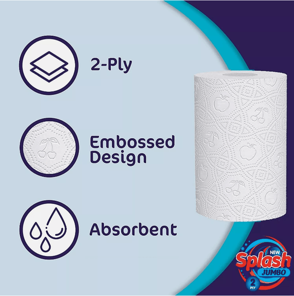 Splash 2-Ply Kitchen Roll 4-Pack Disposable Paper Tissue 72 Rolls White Paper Embossed Strong & Functional