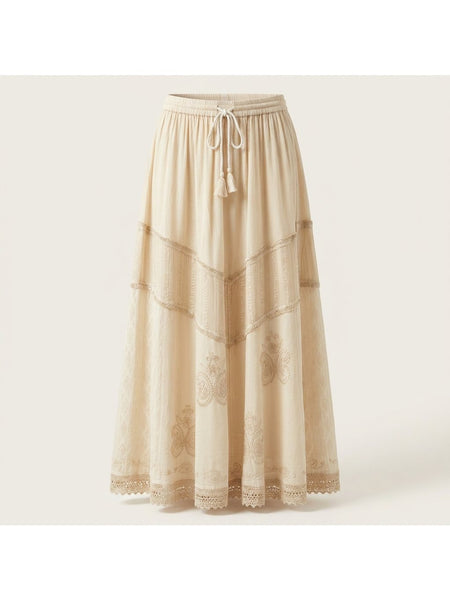 Women'S Indian Boho Maxi Skirt, Embroidered Drawstring Tiered Skirt 18654