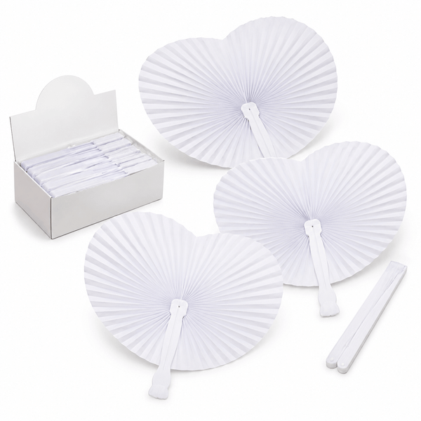 12pcs White Heart Folding Paper Fan with Plastic Handle Hand Fan for Weddings Parties Summer Events