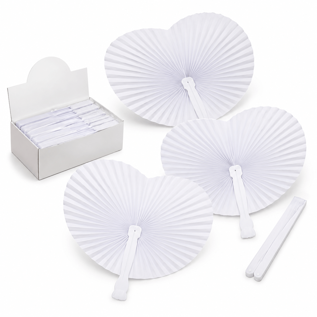 12pcs White Heart Folding Paper Fan with Plastic Handle Hand Fan for Weddings Parties Summer Events