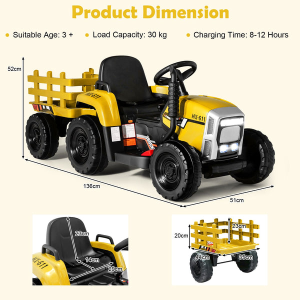 12V Kids Ride on Tractor with Trailer Music and LED Lights