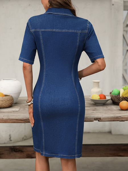 European Vintage Denim Dress for Women, Featuring a Zipper, Mid-Length, Fitted Waist, And Stretchy Fabric
