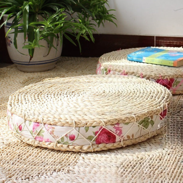1pc Natural Corn Husk Woven Floor Cushion - Handmade Round Tatami Meditation Pillow, Thick Braided Straw Seat Pad for Yoga, Floor Sitting, Living Room, Indoor & Outdoor Use (Rustic Style)