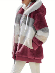 Women'S Faux Fur Shearling Fleece Jacket - Full-Zip Hooded Coat with Full-Length Zipper, Plush Fleece Lining, Purple & Winter Jacket for Cold Weather