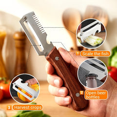 2pcs Stainless Steel Peeler And Slicer with Wooden Handle And Ideal for Sugarcane, Fruits, And Vegetables | Multifunctional, Durable Peeling Tool And Vegetable Slicer, Perfect for Parties And Picnics
