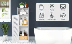 Bathroom Storage Cabinet | White Wood-Plastic Freestanding Organizer | 3-Tier with Slatted Doors & Open Shelf | Space-Saving Design for Bathroom, Kitchen, Bedroom | Modern Minimalist Style, Versatile Cabinet | Slatted Door Design | Woodplastic Material, B