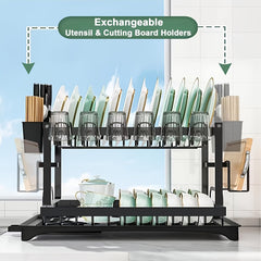 2 Tier Dish Drainer Rack for Kitchen Counter - Space-Saving Dish Rack with Utensil Holder and Cutting Board Holder Large Capacity Drying Rack with Draining Board, Black