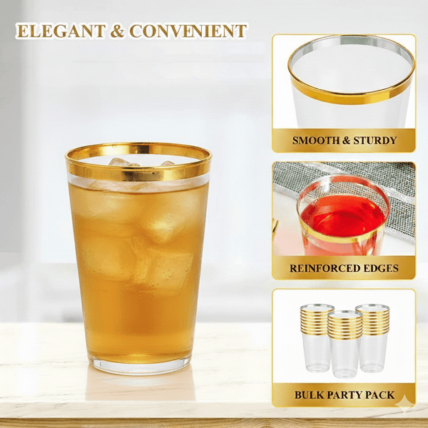 Golden Rim Plastic Cups Glasses, 10oz Plastic Gold Durable Hard Suitable for Weddings and Parties, Party Dinnerware Ware, Ideal for Birthdays, Gender Reveals, Christmas & New Year'S Celebrations