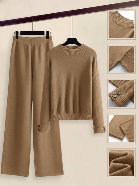 Women's 2pcs Set with Side Stripe| Crewneck Sweater & Relaxed Fit Straight Leg Pants| Soft Loungewear for Spring Autumn | European Casual Y Style