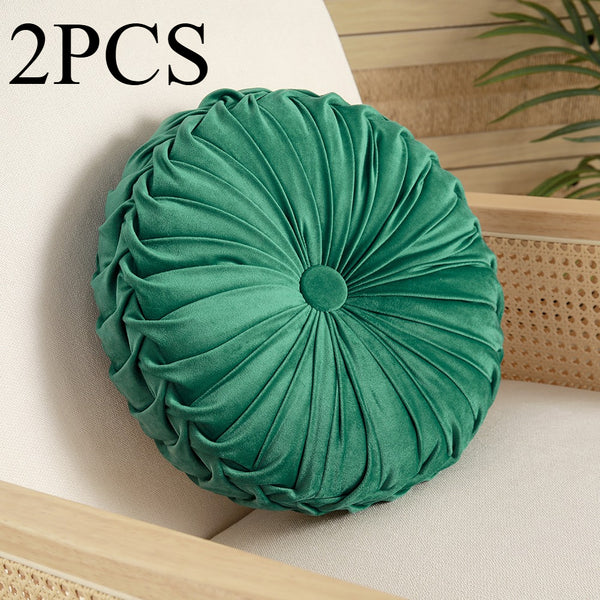 2pcs Premium Round Velvet Pumpkin-Inspired Pleated Waist Bolster Cushions in Dark Green - Exceptionally Plush & Chic Decorative Throw Pillows, Perfect for Sofa, Chair & Floor | Essential Soft Accent Pillows to Instantly Upgrade Easter & Home Decor (Size: