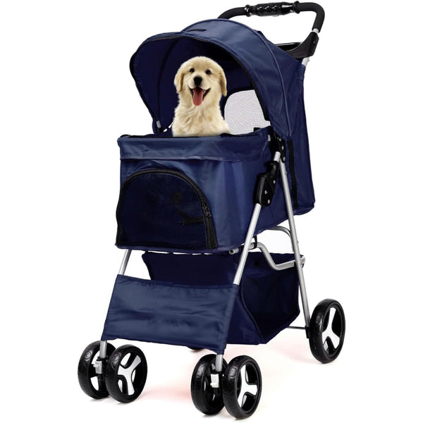 Foldable Pet Stroller With Rain Cover, Portable Foldable Outdoor Walking Cart with Large Space, Hand-Pull Design, Durable Oxford Fabric, Ergonomic Handle & Ventilation Mesh, Lightweight & Sturdy Frame For Small To Medium Dogs - Outdoor Pet Carrier, Modern