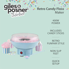 Giles & Posner EK2641GSBL Candy Floss Maker – Cotton Candy Sweet Machine, Retro Carnival Funfair Style Machine for Kids, Parties, Home, Fun Snacks Treat Maker, Portable, Includes Candy Sticks, Blue