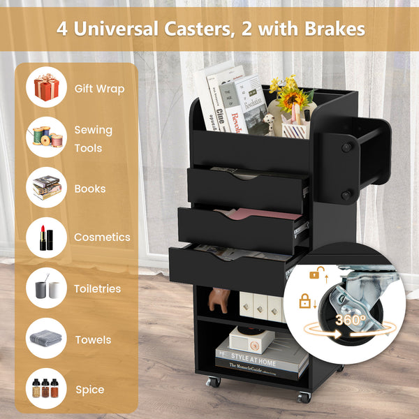 GOFLAME Rolling Storage Cart, Mobile Storage Cabinet with 3 Drawers, 2 Open Shelves, 2 Dowel Rods, Craft Utility Cart for Home, Office, Kitchen, Bathroom
