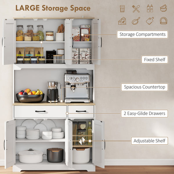 175 cm Tall Kitchen Pantry Cabinet with Microwave Stand, Farmhouse Kitchen Hutch, Freestanding Pantry Cupboard with 2 Drawers, 2 Adjustable Shelves and Cable Management, White