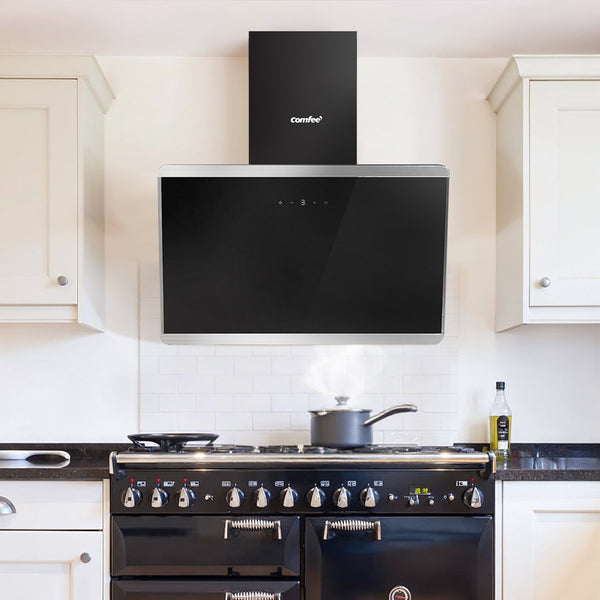 Midea COMFEE' 60cm Angled Cooker Hood Energy Class A++ - Tempered Glass Extractor Hood with Touch Screen, LED Lights, Recirculating & Ducting System, Wall-Mounted Black Kitchen Fan, A Must-Have for Every Home Kitchen