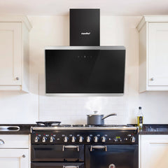 Midea COMFEE' 60cm Angled Cooker Hood Energy Class A++ - Tempered Glass Extractor Hood with Touch Screen, LED Lights, Recirculating & Ducting System, Wall-Mounted Black Kitchen Fan, A Must-Have for Every Home Kitchen