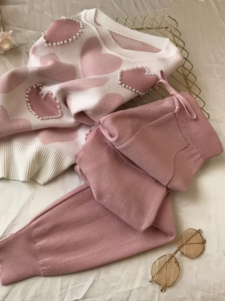 Women'S Korean-Style Heart-Shaped Printed Set - Short-Sleeved Beaded Top And Sweatpants, Casual Elegant Heart Pattern Outfit, Round Neck with Pockets, Casual Wear/Elegant /Beaded Details, Sweater Set