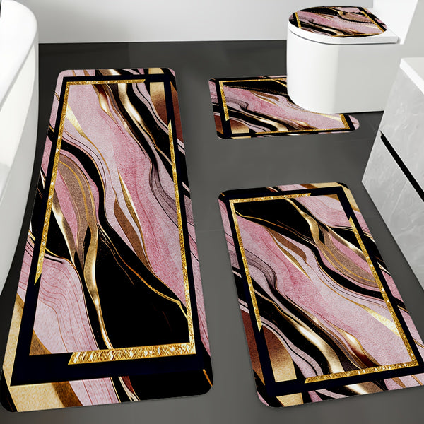 3/4pcs Luxury Pink Black Gilded Marble Bathroom Mats - Non-Slip Soft Flannel Floor Mat with Elegant Marble Pattern, Machine Washable Bath Mat Set for Modern Home Decor, Decorative Mat, Stylish Mat