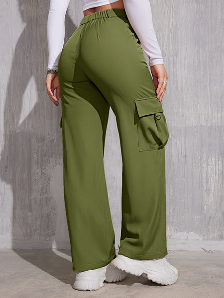 Flap Pocket Solid Color Cargo Pants, Y2K Slant Pocket Button Front Every Day Pants, Women's Clothing