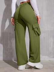 Flap Pocket Solid Color Cargo Pants, Y2K Slant Pocket Button Front Every Day Pants, Women's Clothing