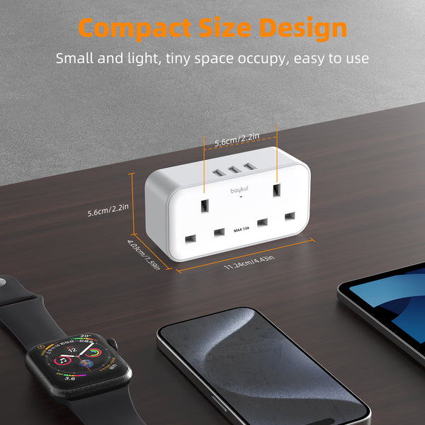 baykul Multifunctional UK Plug Socket with 2 Standard UK Sockets, 2 Schuko Sockets, 3 USB Ports, Max 3250W, Surge Protection, Fire-Resistant Material, Compact and Lightweight for Home/Office/Travel Use ideal for Christmas travel