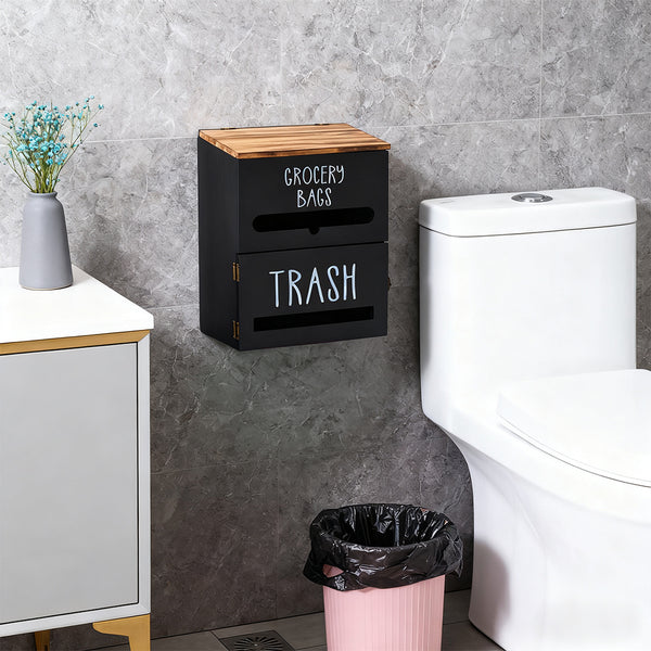White/Black Two-Tier Wooden Trash Bag Storage Box Trash Bag Holder, Kitchen Plastic Wrap & Bag Organizer with Lid, Large Capacity Hanging Storage Container, Household Storage Accessories