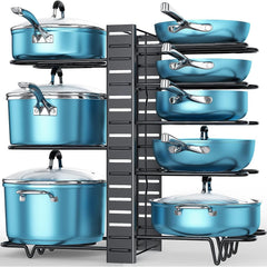 Pots and Pans Organizer, 8 Tier with 3 DIY Methods, Adjustable Rack for Cabinet, Kitchen Organization, Storage and for Pot Lid