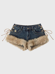 2026 New Y2K Millennial Spicy Jeans, American High Street Fuzzy Patchwork, Low Waist Hot Pants, Trendy for Autumn Winter Wear