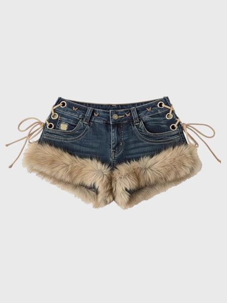 2026 New Y2K Millennial Spicy Jeans, American High Street Fuzzy Patchwork, Low Waist Hot Pants, Trendy for Autumn Winter Wear