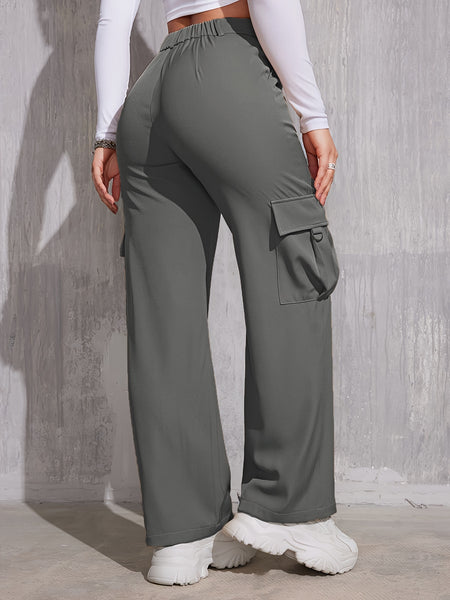 Flap Pocket Solid Color Cargo Pants, Y2K Slant Pocket Button Front Every Day Pants, Women's Clothing