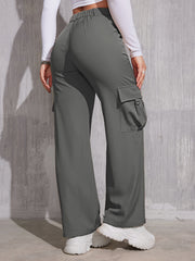 Flap Pocket Solid Color Cargo Pants, Y2K Slant Pocket Button Front Every Day Pants, Women's Clothing