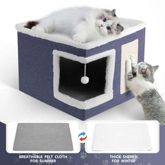 1pc Large Cat Cube House Cosy Foldable Bed Pet Cave Furry Soft Cushions Scratch Pads 42X42X36CM