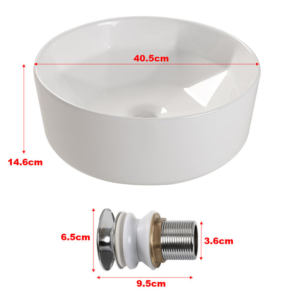 Bathroom Counter Top Ceramic Basin Sink Bathroom Vanity Cloakroom Hand Wash Basin Round Bowl with Pop Up Waste Drainer, White, 405x405x146mm, Faucet Not Included