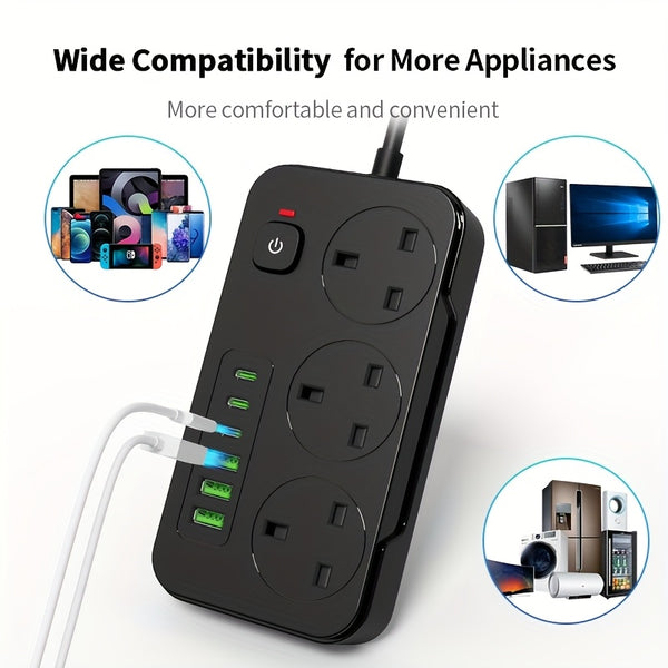 3-outlet Power Strip/ Power Socket/ Extension Cord with 3 USB-A And 3 USB-C Ports, Compatible with 220V-240V, 1.8m Cable, UK Plug, Suitable for Home, Kitchen, Outdoor, Hotel, Office, Cruise Vacation.
