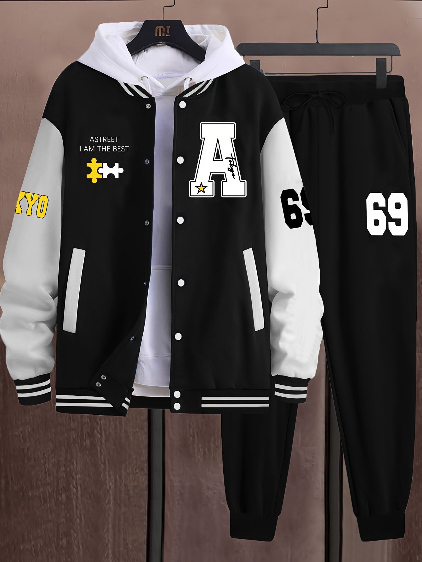 Men's Fashion Casual 69 Set - Color Block Campus Style Jacket - A-69 Letter Print - Excludes Innerwear and Hat - Xingfan OBM