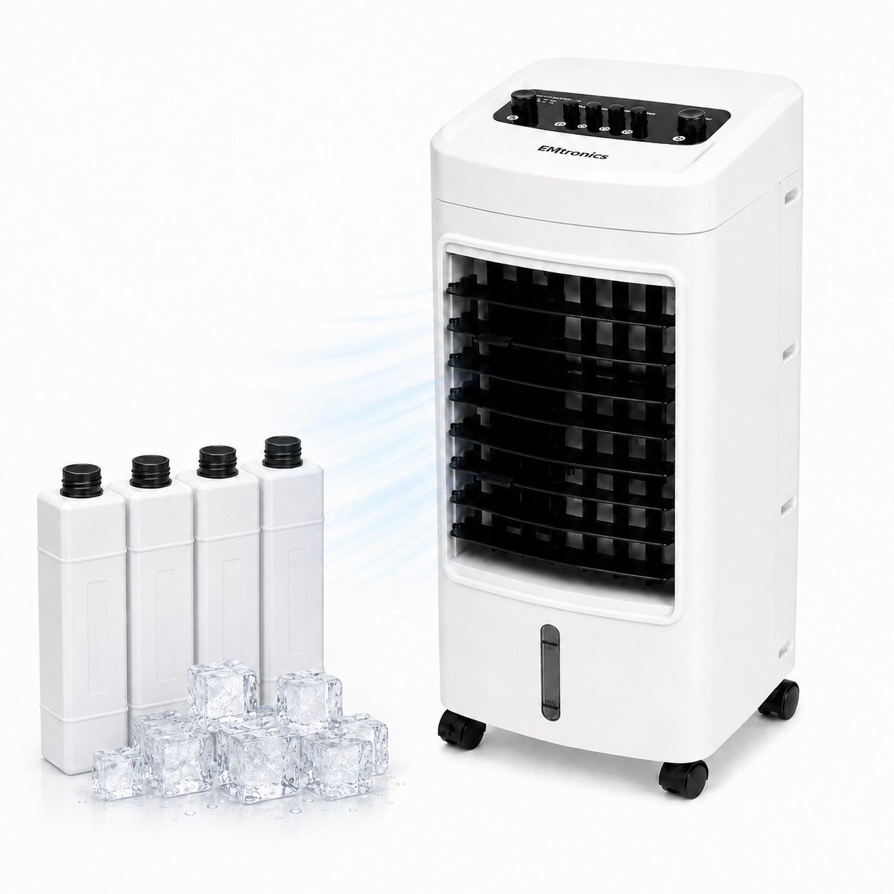 EMtronics 4-in-1 Evaporative Air Cooler, Fan and Humidifier, 3 Speed Settings, 4 Litre Water Tank, Portable 75W with 4 x Ice Packs - White